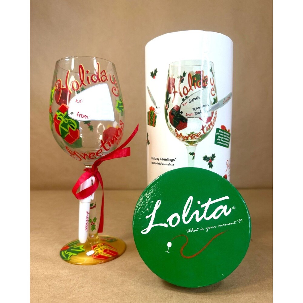 Lolita "Holiday Greetings" Hand-Painted 15oz Wine Glass–Personalizable w/ Marker